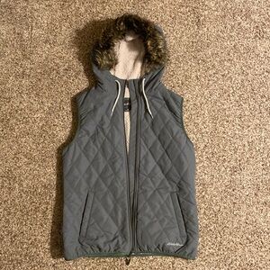 Eddie Bauer Sage Green Quilted Vest with removable Faux Fur hood liner